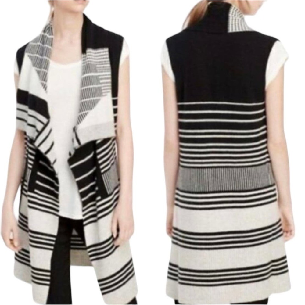 Vince Draped Cardigan Cashmere Wool Sleeveless Vest Black Stripe Small